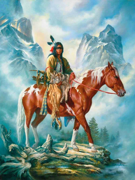 Diamond Paintings, Native American Riding Horse, Full Round/Square Diamonds,  American Indian Art