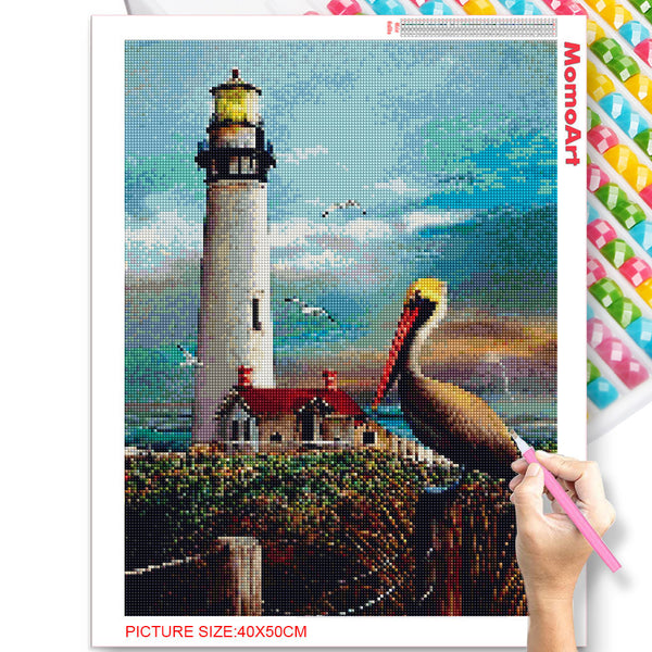 Diamond Paintings, Perched Pelican, Scenic Diamond Painting Kit, Full Round Drill 5D Rhinestone Cross Stitch, Lighthouse Picture