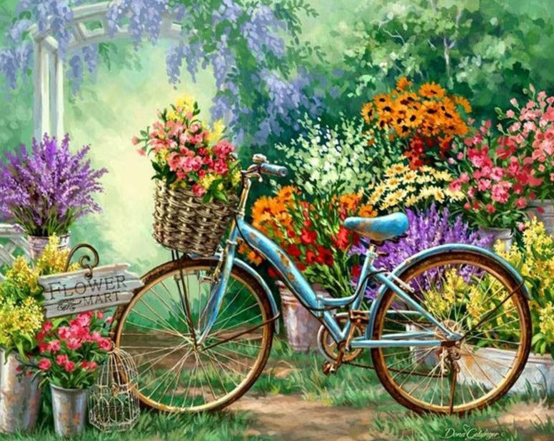 Country Flower Garden Bicycle 5D Diamond Painting Kit  |  Full Square Rhinestone, Intricate Needlepoint -Diamond Painting Kits, Diamond Paintings Store