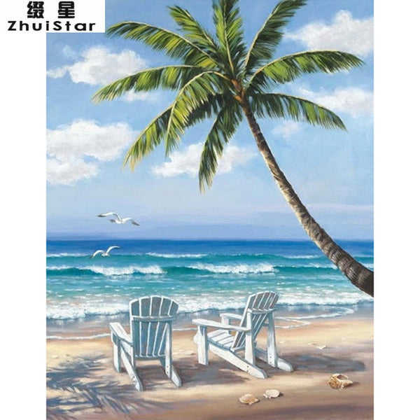 Coconut Tree Beach,  Full Square Diamond Painting -Diamond Painting Kits, Diamond Paintings Store