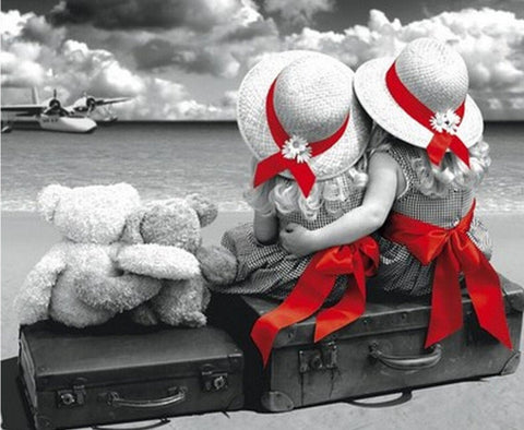 Black, White, Red "Two Children Set Sail" 5D Diamond Painting Kit -Diamond Painting Kits, Diamond Paintings Store