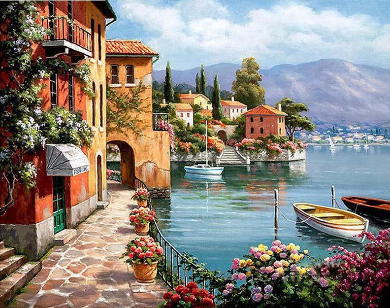 Scenic Village Diamond Painting Kit | Full Drill Square 5D Diamond | DIY Scenic Embroidery | Seaside Bay Boats -Diamond Painting Kits, Diamond Paintings Store