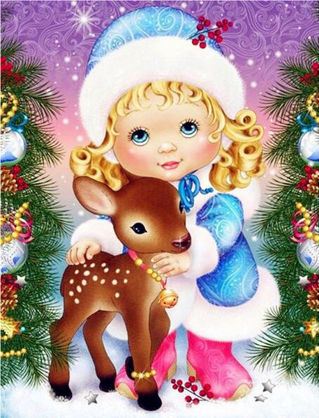 Cartoon Girl With Fawn | Christmas Diamond Painting | Full Round/Square Drill 5D Rhinestones | DIY Holiday Kit -Diamond Painting Kits, Diamond Paintings Store