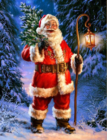 Santa With Spruce And Lantern | Christmas Diamond Painting | Full Round/Square Drill 5D Rhinestones | DIY Holiday Kit -Diamond Painting Kits, Diamond Paintings Store