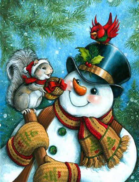 Snowman With Squirrel Friend | Christmas Diamond Painting | Full Round/Square Drill 5D Rhinestones | DIY Holiday Kit -Diamond Painting Kits, Diamond Paintings Store