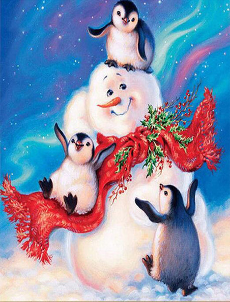 Snowman Playing With Penguins | Christmas Diamond Painting | Full Round/Square Drill 5D Rhinestones | DIY Holiday Kit -Diamond Painting Kits, Diamond Paintings Store