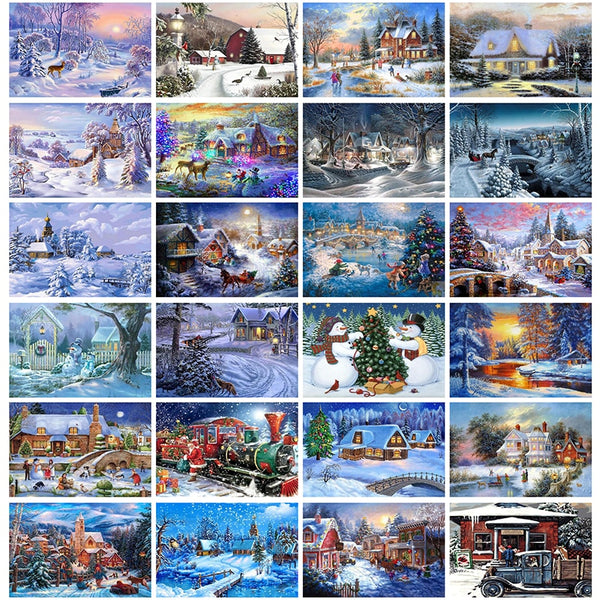 Snow Covered Town | Scenic Diamond Painting Kit | Full Round/Square Drill 5D Rhinestone Embroidery | Winter Scenery Kit -Diamond Painting Kits, Diamond Paintings Store