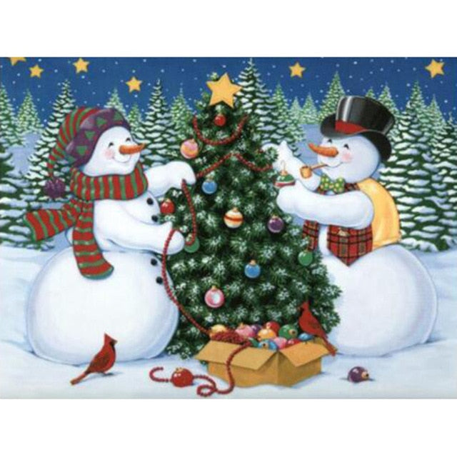 Snowmen Couple | Scenic Diamond Painting Kit | Full Round/Square Drill 5D Rhinestone Embroidery | Winter Scenery Painting -Diamond Painting Kits, Diamond Paintings Store