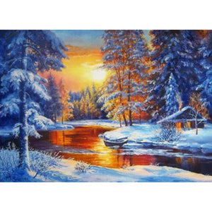 River At Sunset | Scenic Diamond Painting Kit | Full Round/Square Drill 5D Rhinestone Embroidery | Winter Scenery Kit -Diamond Painting Kits, Diamond Paintings Store