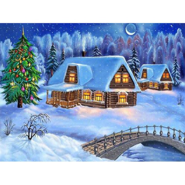 Christmas Cabins Under Moon | Scenic Diamond Painting Kit | Full Round/Square Drill 5D Rhinestone Embroidery | Winter Scenery Painting -Diamond Painting Kits, Diamond Paintings Store