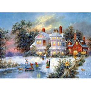 House On Frozen Pond | Scenic Diamond Painting Kit | Full Round/Square Drill 5D Rhinestone Embroidery | Winter Scenery Painting -Diamond Painting Kits, Diamond Paintings Store