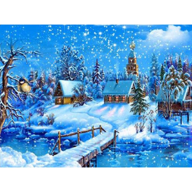 3 Winter Cottages | Scenic Diamond Painting Kit | Full Round/Square Drill 5D Rhinestone Embroidery | River Winter Scenery Painting -Diamond Painting Kits, Diamond Paintings Store