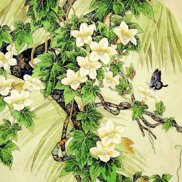 Butterfly White Flowers | Animal Diamond Painting Kit | 5D Full Drill Square, Magic Round, Pebble Round Diamonds | DIY Rhinestone Embroidery -Diamond Painting Kits, Diamond Paintings Store