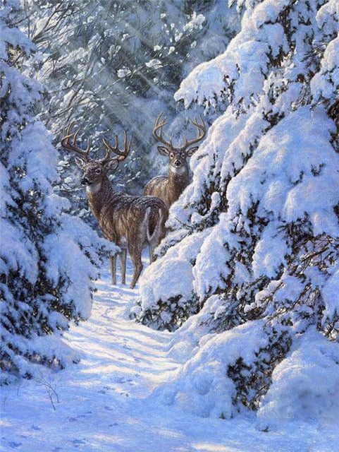 Snow Laden Pine Trees | Deer Diamond Painting Kit | Winter Scenic Rhinestone Mosaic | Full Square Drill -Diamond Painting Kits, Diamond Paintings Store