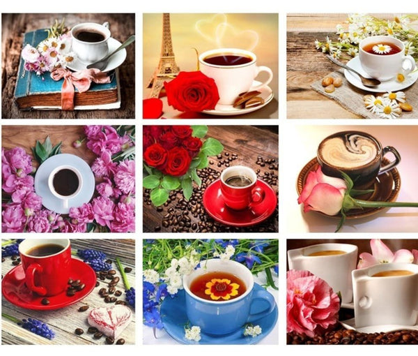 New - Scenic Coffee Cups and Flowers - Diamond Painting Kits, -Diamond Painting Kits, Diamond Paintings Store