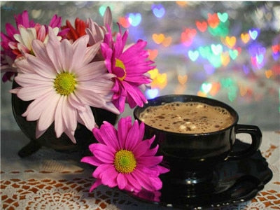 New - Scenic Coffee Cups and Flowers - Diamond Painting Kits, -Diamond Painting Kits, Diamond Paintings Store