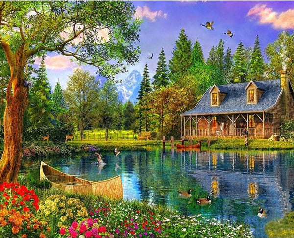 Cabin on Lake 5D Diamond Painting, Full Square Diamond Painting Kits -Diamond Painting Kits, Diamond Paintings Store