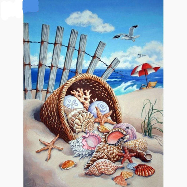 5D DIY Seashell Basket Diamond Painting | Beach Scenery Full Square Drill Diamond | Seagull Ocean Shell Mosaic -Diamond Painting Kits, Diamond Paintings Store