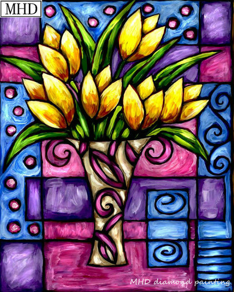 Yellow Tulip Bouquet, 5D Diamond Painting - Stained glass window flower pattern- On Sale -Diamond Painting Kits, Diamond Paintings Store