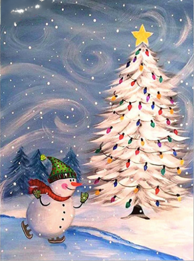 Snowman And Snowy Christmas Tree Winter Diamond Art Scene - Diamond Paintings Store
