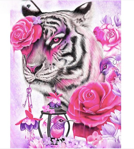 Animal Mosaic Diamond Art Kit Featuring White Tiger Hummingbird And Roses - Diamond Paintings Store